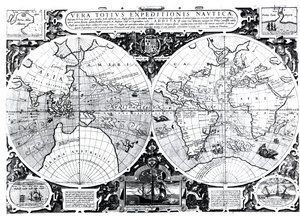 Verdenskart; Vera Totius Expeditionis Nauticae, kartlegger jordomseilingen av (til venstre) Sir Francis Drake (1540-96) og (til høyre) Thomas Cavendish (1560-92) ca. 1595